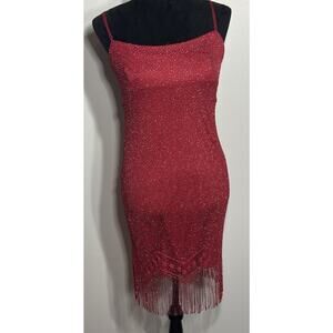Red Flapper Dress Vintage City Triangles Open Knit Spaghetti Straps Size Medium